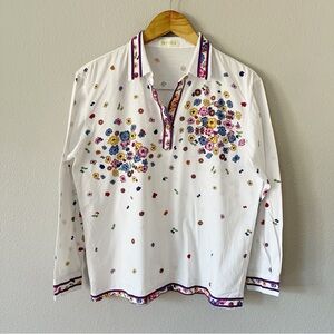 Arias White Floral Polo Shirt Long Sleeve Size M